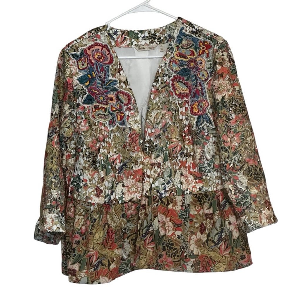Soft Surroundings Ariege Boho Embroidered Floral Jacket PXL Peplum